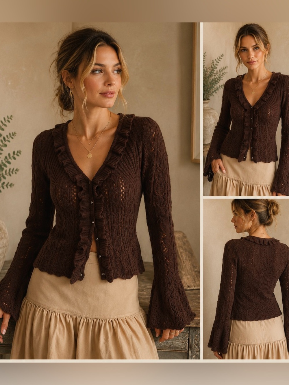 FARM Rio Chocolate Brown Ruffle Cable-Knit Cardigan - Picture 1 of 7